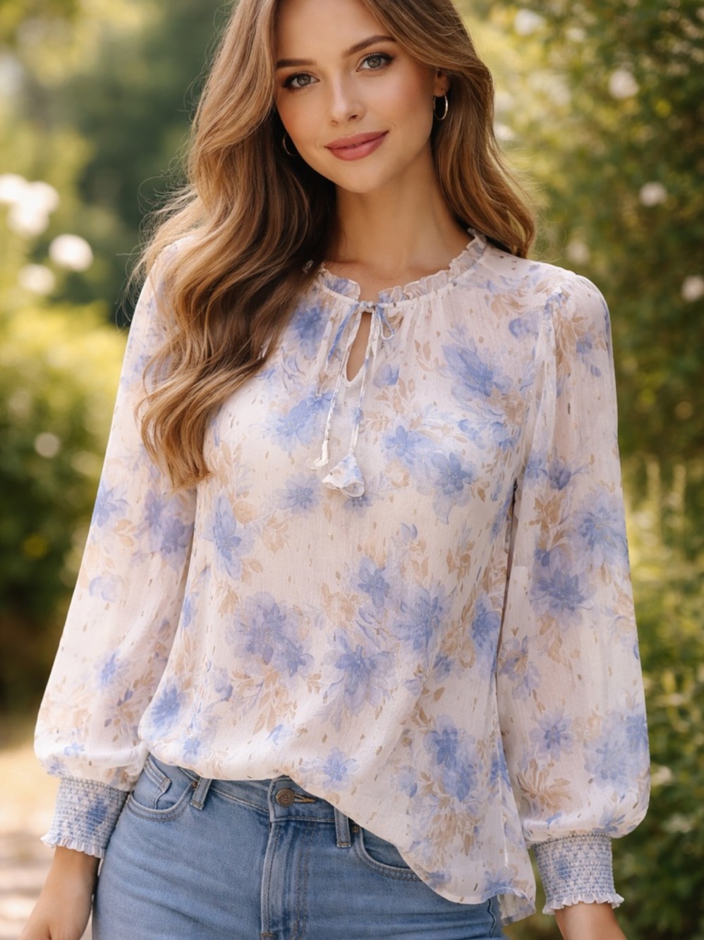 Whimsical NWOT Floral Tie-Neck Long Sleeve Blouse Light Blue & Cream 3X